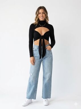 Fashion Nova Black Long Sleeve Cutout Tie-Front Crop Top